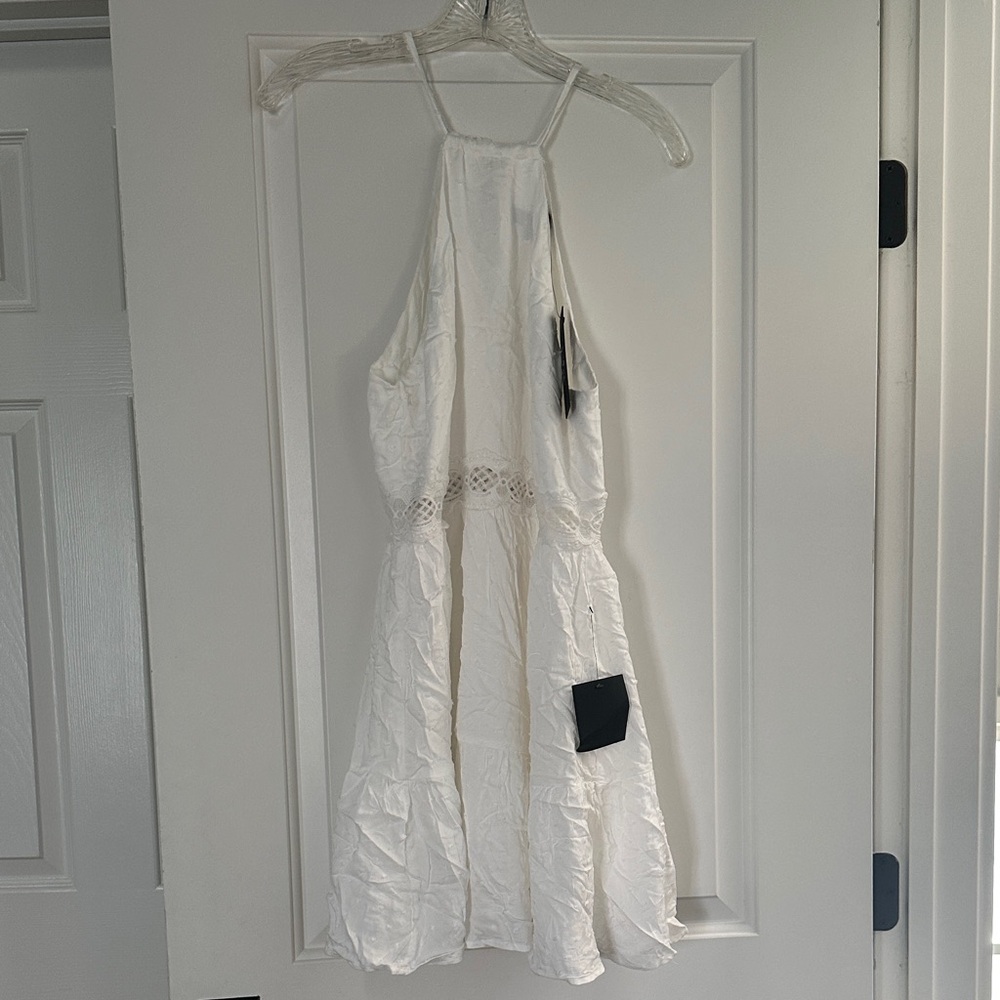 Lulu's White Halter Mini Dress with Crochet Waist Detail